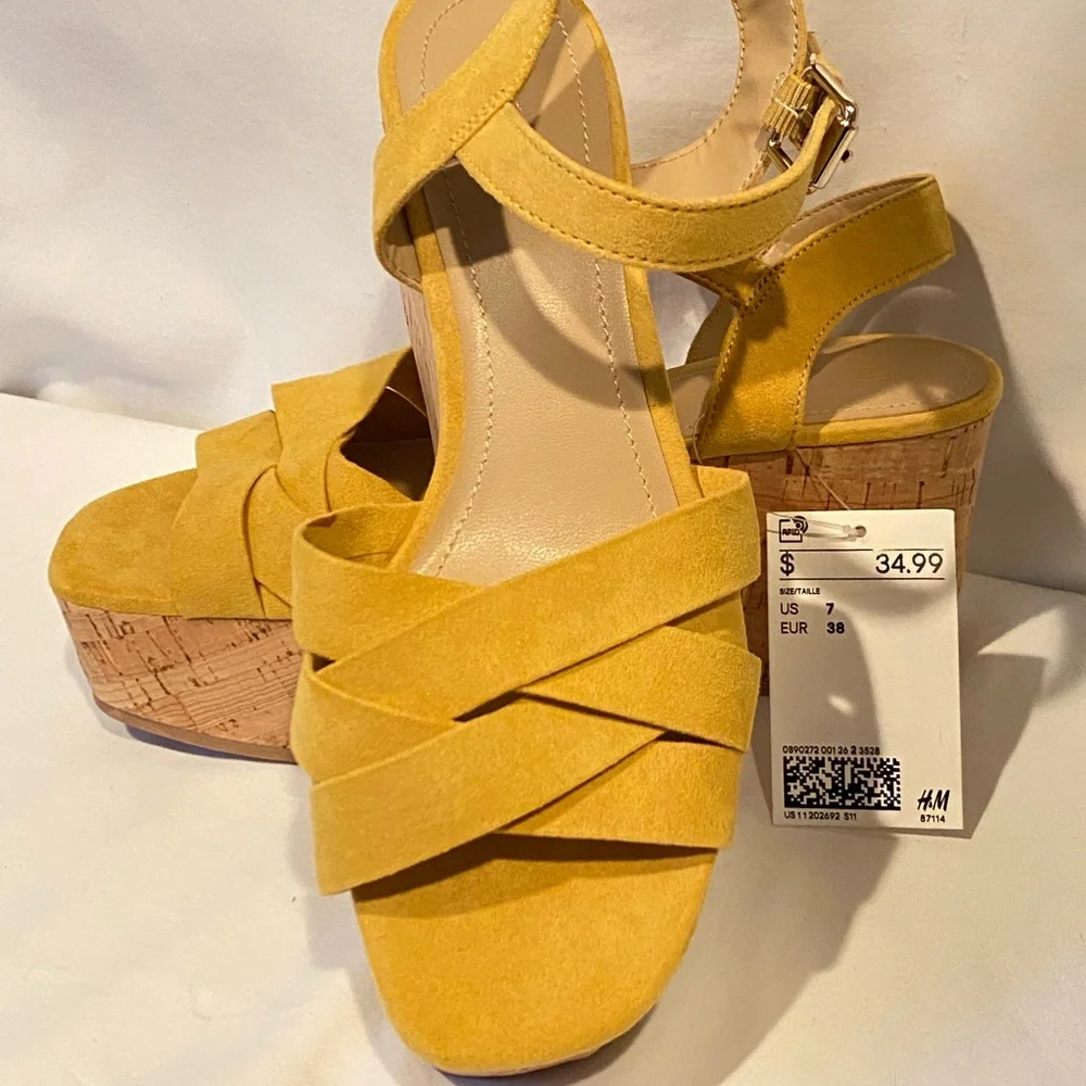 💛 H&M Yellow Cork Platform Wedge Sandals 💛 Size 7 - NEW - Picture 2 of 7